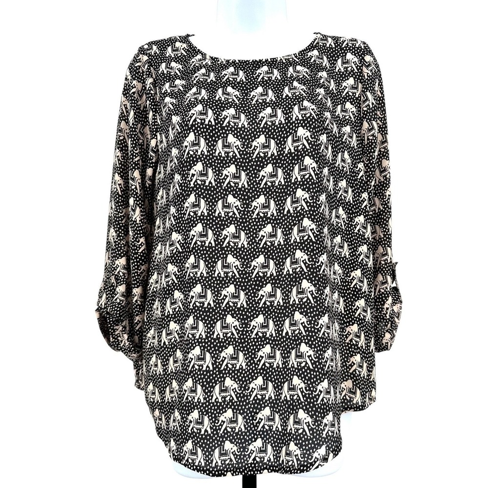 PIXLEY Elephant Print Top Dark Gray 3/4 Length Roll Tab Sleeves Women's Small